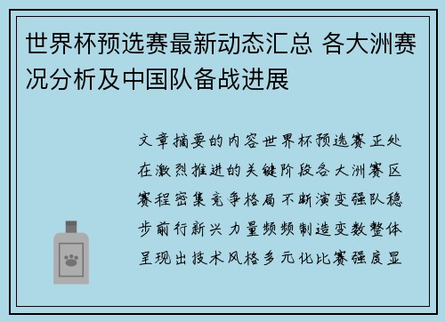 世界杯预选赛最新动态汇总 各大洲赛况分析及中国队备战进展 世界杯预选赛最新动态汇总 各大洲赛况分析及中国队备战进展