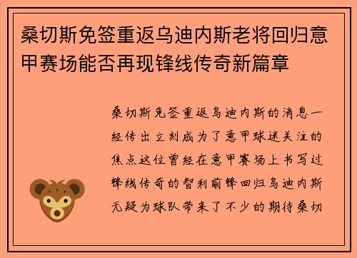 桑切斯免签重返乌迪内斯老将回归意甲赛场能否再现锋线传奇新篇章